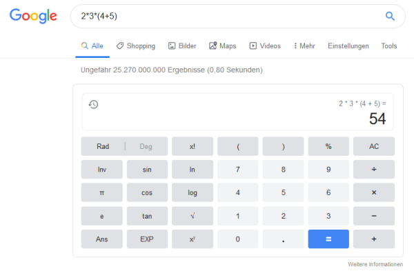 Die Suchmaschine Google lässt sich auch als Taschenrechner nutzen.
