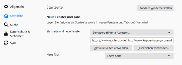 Mehrere Startseiten in Firefox. Einstellungen für Startseite und neue Fenster in Firefox